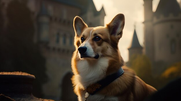 Photo l'animal de chien corgi le roi dans le château médiéval ai généré des images