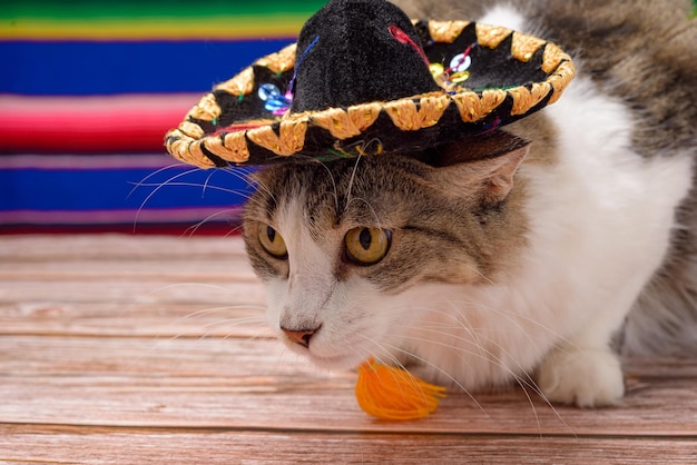 Animal de compagnie avec chapeau de mariachi mexicain Chat célébrant le jour de l'indépendance du Mexique