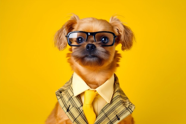 Animal de compagnie chien lunettes d'affaires fond jaune finance financière humour animal drôle IA générative