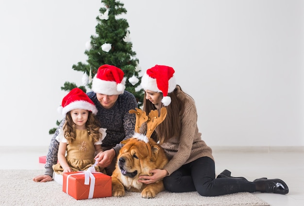 Animal de compagnie, vacances et concept festif - Une famille avec un chien est assise sur le sol près de l'arbre de Noël.