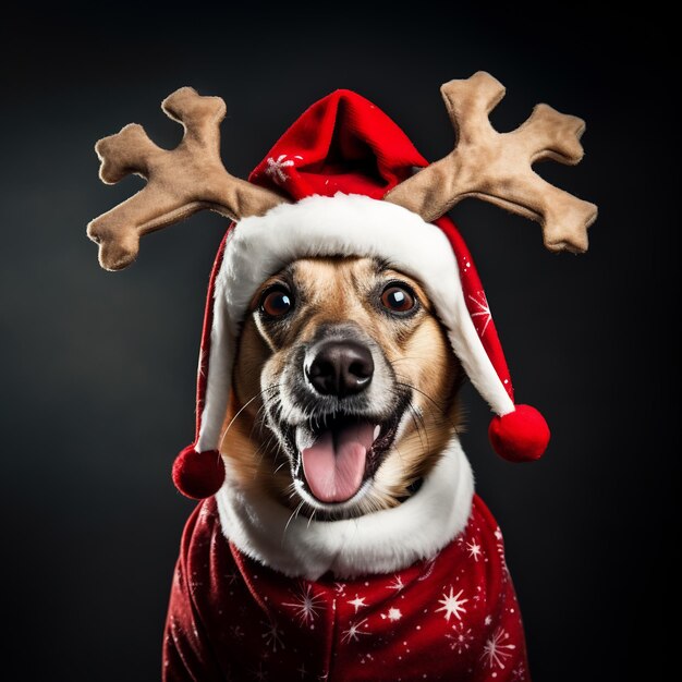 Photo un animal de compagnie vêtu d'une tenue de noël humoristique comme un chat avec des cornes ou un chien en costume de père noël