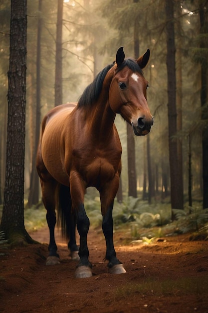 Animal dans la forêt Cheval de pur-sang brun foncé Animal Dans la forêt Créé avec l'aide de l'intelligence artificielle