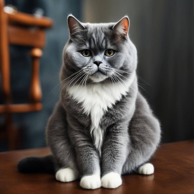 L'animal est à la maison Un grand chat gris et blanc est assis sur la table