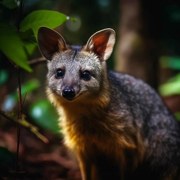 Un animal gris et noir avec une bande jaune sur le visage se tient dans la forêt