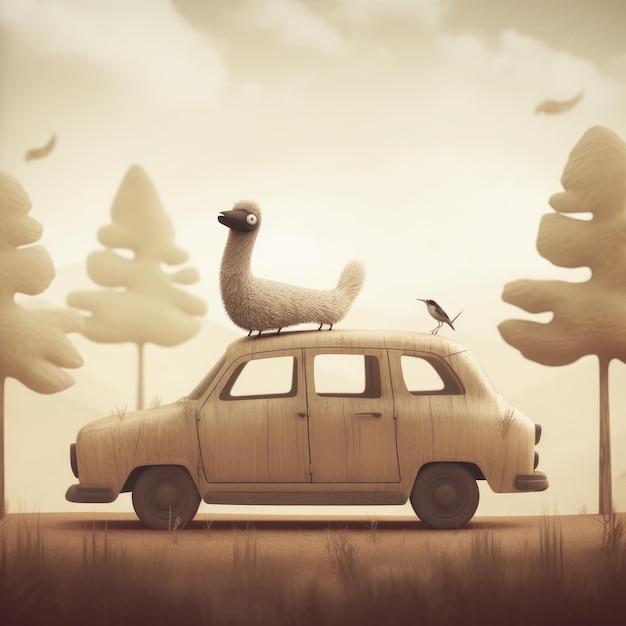 Animal mignon chevauchant une voiture dans le style de Jon Klassen