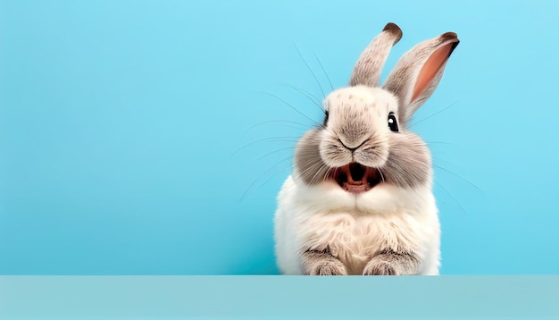 Animal mignon lapin ou lapin de couleur blanche souriant et riant isolé avec espace de copie pour le fond de pâques
