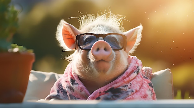 Photo un animal mignon portant des lunettes de soleil et assis dans un bain à remous avec des bulles