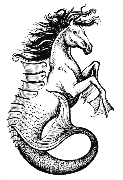 Animal mythologique de l'hippocampe. Dessin noir et blanc à l'encre