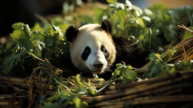 L'animal panda est mignon dans les feuilles.