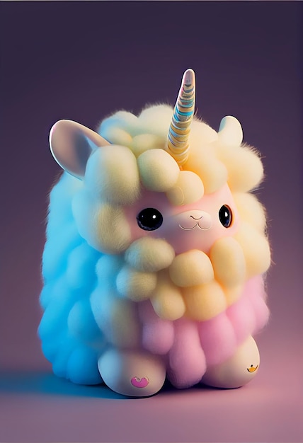 Un animal en peluche avec une corne de licorne sur la tête.