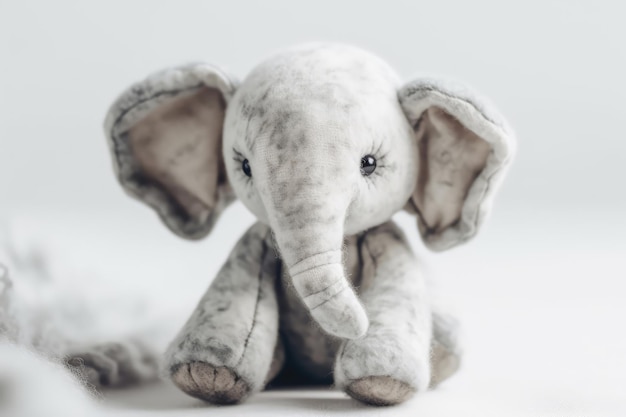 Animal en peluche éléphant blanc et gris sur fond blanc dans le style de textures douces et apaisantes IA générative