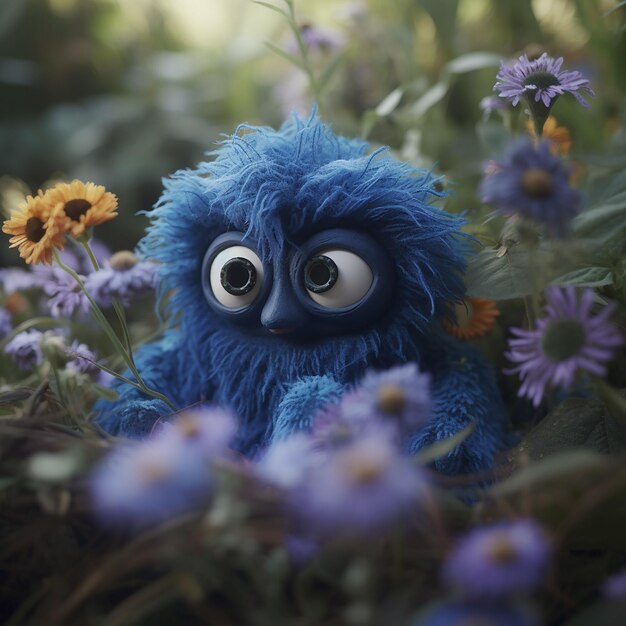 Un Animal En Peluche Monstre Bleu Est Assis Dans Un Champ De Fleurs.