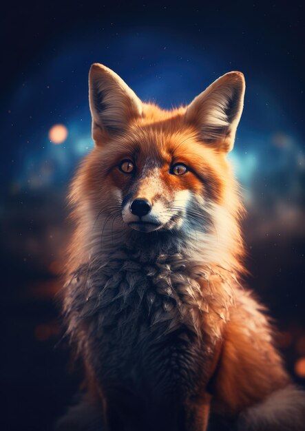 Animal renard avec bokeh fond de coucher de soleil sombre ciel nocturne avec étoiles et lune Generative Ai