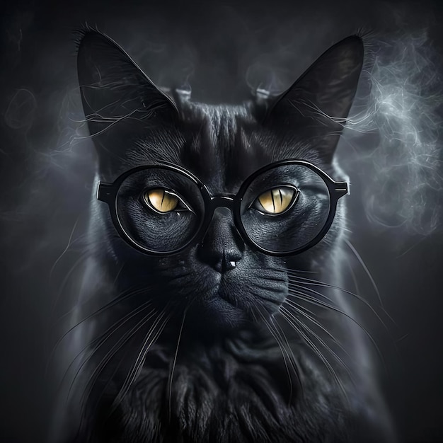 Animal sage avec des lunettes Portrait d'un chat avec des lunettes sur un fond sombre