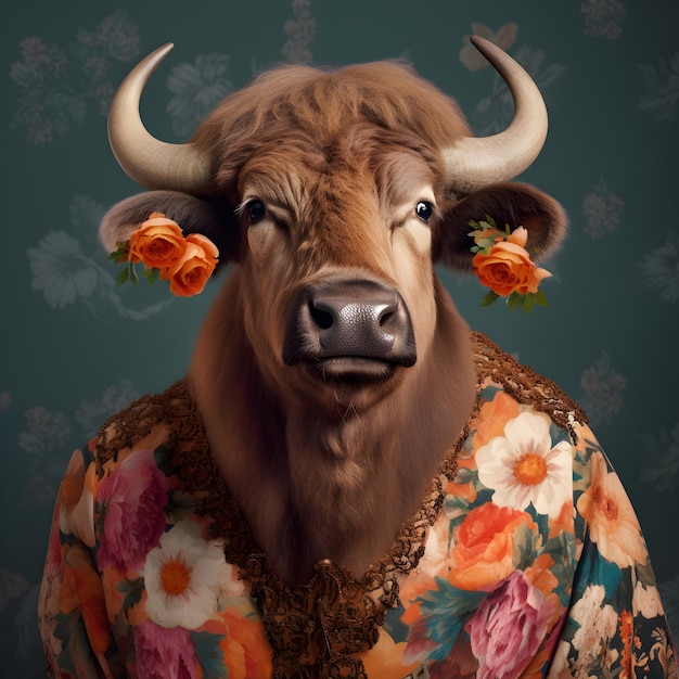 Photo animal de taureau en tenue de fleur florale et en arrière-plan