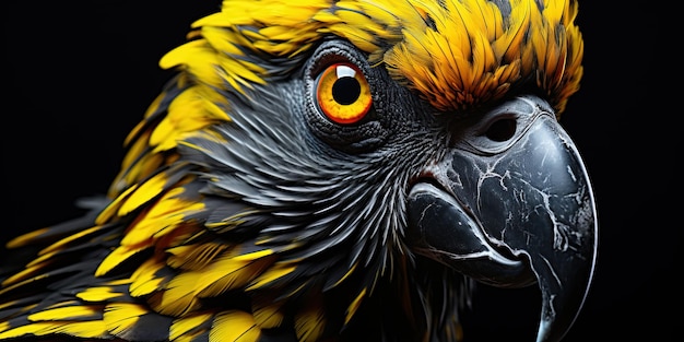 Photo animals oiseaux bannière close-up d'abstraction noir or perroquet jaune isolé sur fond noir