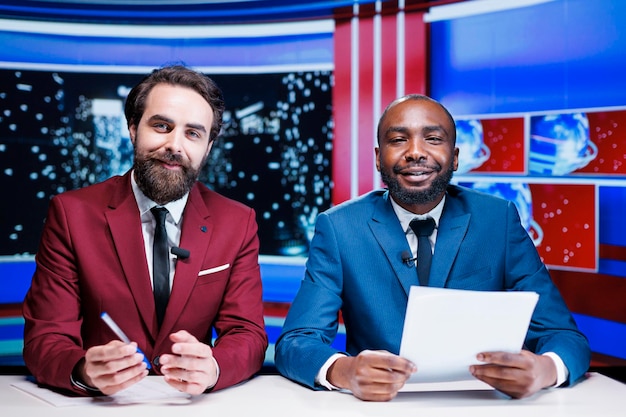 Des animateurs de télévision présentent des journaux télévisés en direct dans la salle de rédaction et rapportent les dernières nouvelles lors d'un talk-show nocturne. Deux collègues journalistes diffusant des événements importants, couvrant des sujets pertinents sur le réseau de télévision.