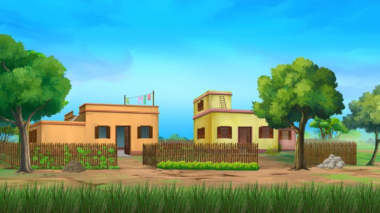 Photo animation 2d dessin animé village arrière-plan village indien petite maison pauvre hutte arrière-plan village