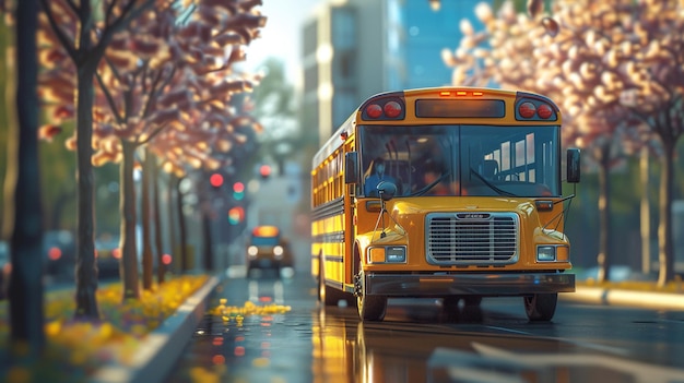 Animation 3D d'un bus scolaire s'approchant rempli d'étudiants enthousiastes symbolisant le voyage de retour