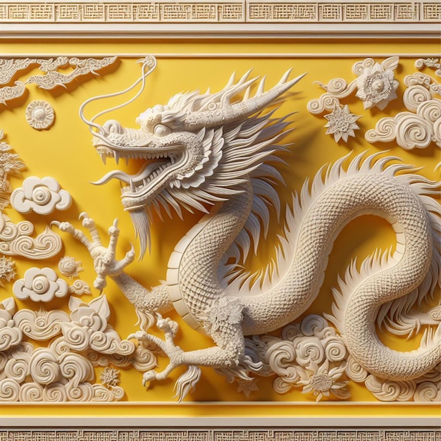 Animation 3D d'un dragon sur un mur jaune