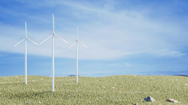 Animation 3D d'éoliennes en rotation contre un ciel bleu sur un champ vert