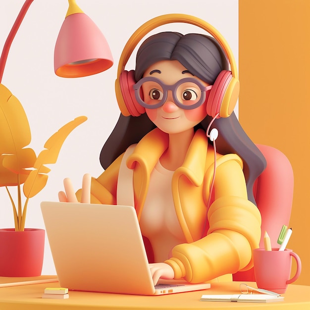 Animation 3D Une jeune fille qui étudie en ligne