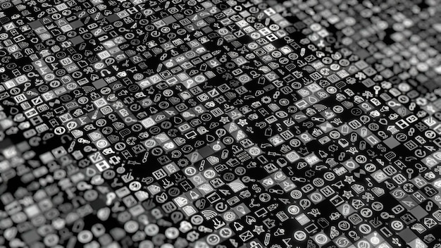 Animation abstraite monochrome d'icônes d'émojis de réseaux sociaux au néon sur le fond noir