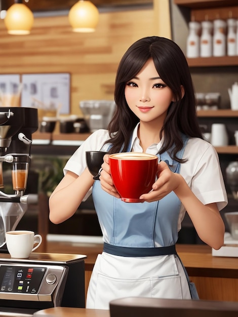Animation d'une belle femme barista femme asiatique couleurs fortes dans un café servant un café sec