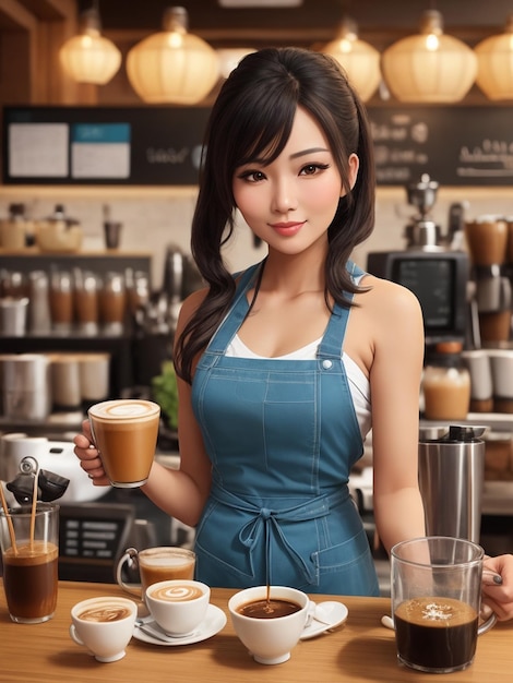 Animation d'une belle femme barista femme asiatique couleurs fortes dans un café servant un café