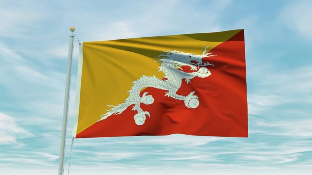 Animation en boucle parfaite du drapeau du Bhoutan sur fond de ciel bleu. Illustration 3D.