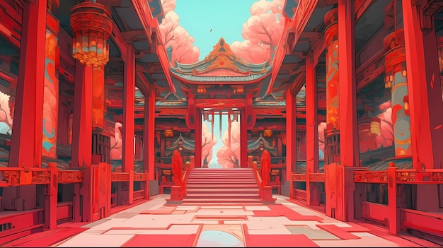 Photo animation de dessins animés dessinée à la main dans le style chinois atmosphère de festival bâtiment de rue arrière-plan illustrati