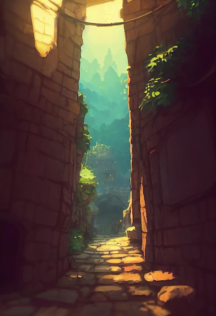 Animation de fond d'anime d'été confortable de grotte de ruelle médiévale