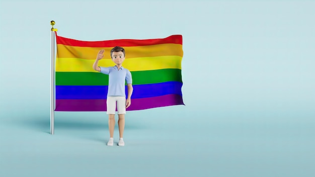 Photo animation d'un homme debout devant le drapeau traditionnel de la fierté arc-en-ciel tout en agitant sa main vidéo 4k avec fond bleu