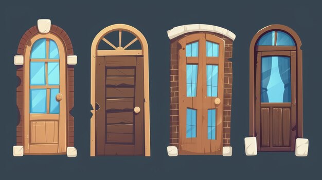 Photo une animation de séquence d'ouverture de porte de dessin animé fermé légèrement entre les portes en bois ouvertes avec des fenêtres en verre et des rideaux la façade d'une maison l'entrée des icônes d'illustration modernes