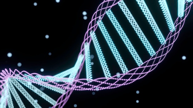 Animation de la structure d'ADN en rotation ondes numériques vertes et violettes sur un fond noir