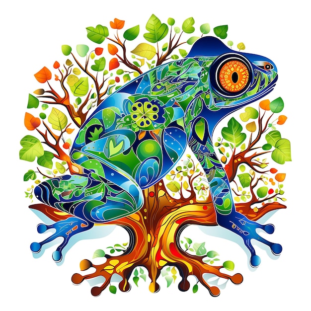 Animaux Cadre de grenouille à yeux rouges Arbre adorable à couleurs vives Arbre 2D design créatif mignon