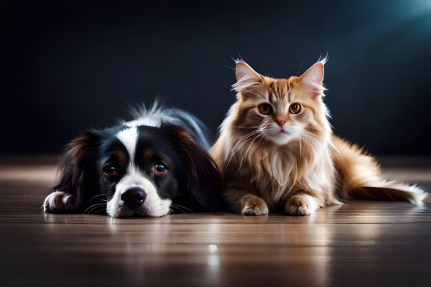 Des animaux de compagnie charmants et choyés jouent côte à côte.