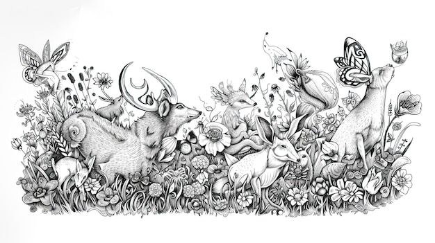Animaux de contes de fées Doodle hallucinations art abstraction psychédélique faune zoo forêt nature oiseaux laine mammifères loup renard nourriture jungle chasse prédateurs de cirque générés par AI