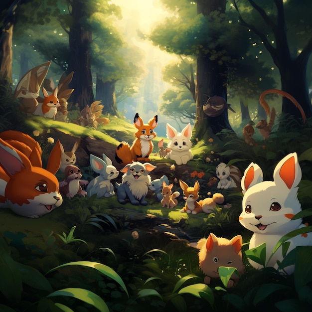 Photo animaux de dessins animés dans une forêt avec un rayon de soleil génératif ai