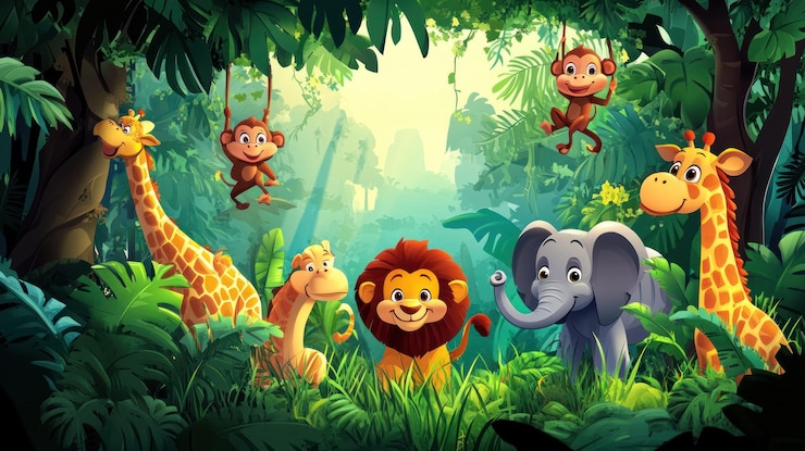 Photo des animaux de dessins animés dans une jungle verdoyante