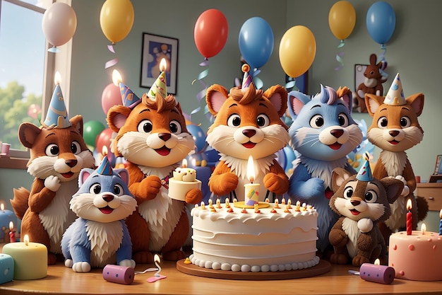 Des animaux de dessins animés éteignent des bougies de gâteau d'anniversaire