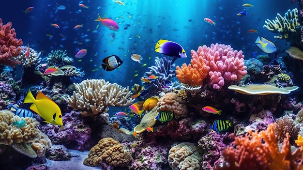 Photo animaux du monde marin sous-marin écosystème poissons tropicaux colorés sur un récif de corail illustration générative de l'ia