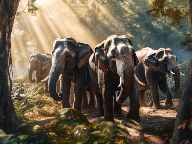 Animaux éléphants thaïlandais dans la forêt Generative Ai