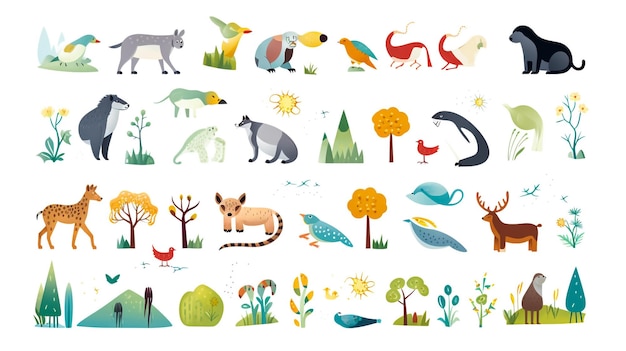 Animaux de la forêt sauvages dans un style dessiné à la main mignon et à la mode isolé sur le fond Illustrations vectorielles El