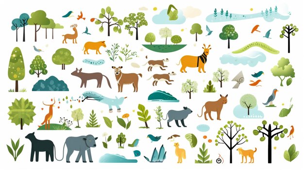 Animaux de la forêt sauvages dans un style dessiné à la main mignon et à la mode isolé sur le fond Illustrations vectorielles El