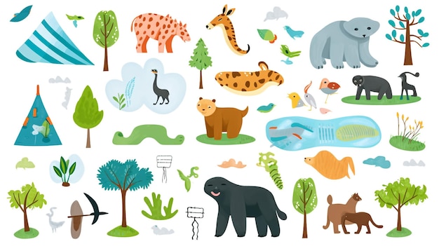 Animaux de la forêt sauvages dans un style dessiné à la main mignon et à la mode isolé sur le fond Illustrations vectorielles El