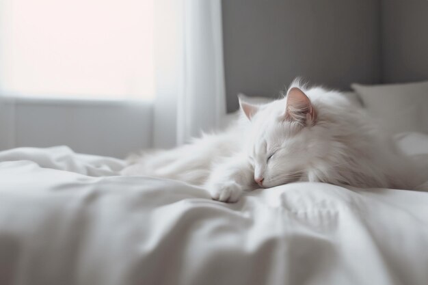 Animaux hypoallergéniques moelleux chats dans la maison propreté et hygiène des draps blancs dans la chambre à coucher avec espace de copie IA générative