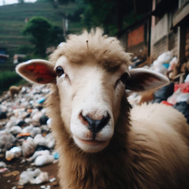 animaux moutons parmi les ordures Sauver les animaux problèmes environnementaux image de fond