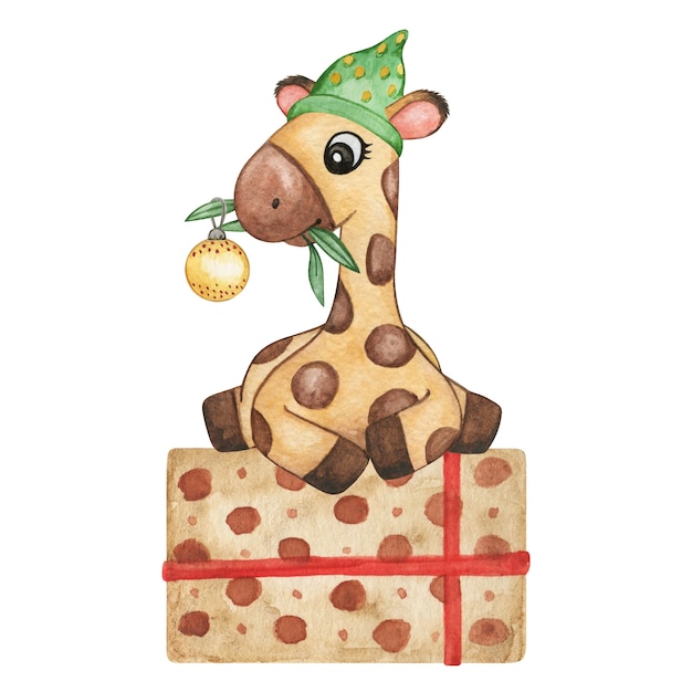 Animaux de Noël aquarelle, petite girafe, illustration cadeau, animaux mignons isolés, décor de bébé