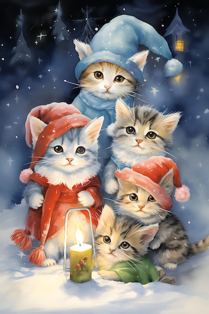 Animaux de Noël dans des chapeaux d'aquarelle au milieu de décors de Noël Fantaisie Mignon Toile de fond de neige Art numérique